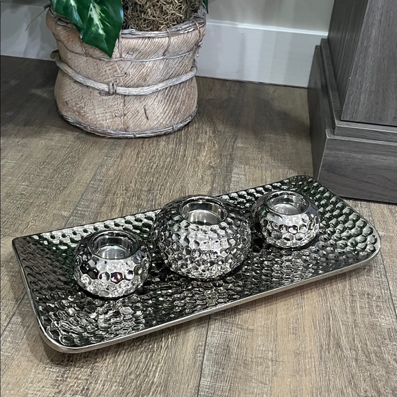 Silver Ceramic Tray with 3 Candle Holders  EUC Like New - Picture 2 of 8
